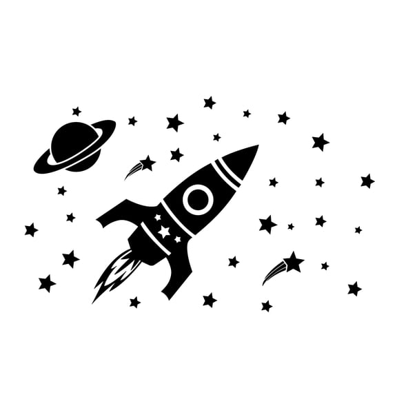 Vinyl Wall Art Decal - Outer Space Set - 26" x 22.5" - Cool Rocket Ship Stars Planet Kids Children Decor For Home Bedroom Playroom Wall Door - Unisex Apartment Nursery School Daycare Decor