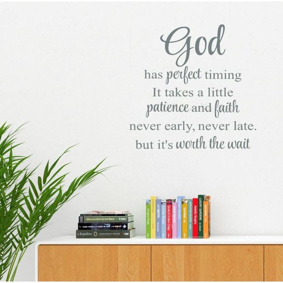 Vinyl Wall Art God Has Perfect Timing Patience Faith Religious Home Decor Quote Sticker - Removable Bible Scripture Wall Decals - Inspirational Quote Wall Decals - 23x23-Inch, Storm Gray