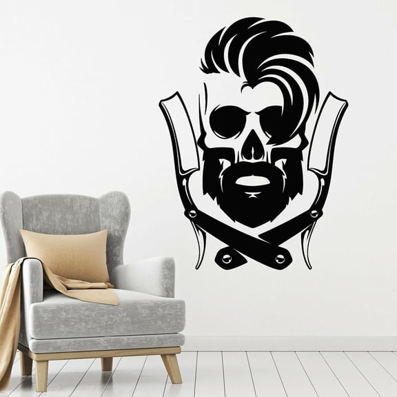 Vinyl Wall Decal Barber Tools Skull Barbershop Shaving Haircut Wall Stickers Barber Shop Window Decoration Design Decals 42x32cm