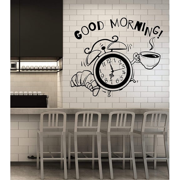 Vinyl Wall Decal Breakfast Time Clock Logo Good Morning Coffee Shop Stickers Large Decor