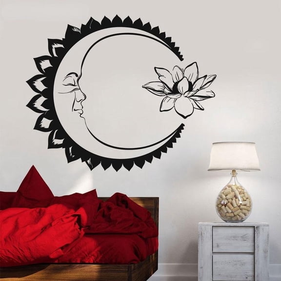 Vinyl Wall Decal Moon Lotus Flower Meditation Yoga Stickers Mandala Vinyl Decal, India Yoga Guru Sticker Ethnic Design 69x57cm