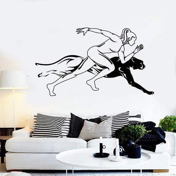 Vinyl Wall Decal Runner Girl Sports Woman Jaguar Speed Run Wall Stickers Runner Decals Removable Home Bedroom Decor Poster 57x33cm