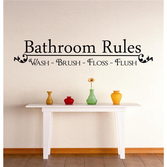 Vinyl Wall Decal Sticker : Bathroom Rules Wash Brush Floss Flush Tub Sign Quote Design Vinyl Wall Decal Peel & Stick Mural 12x30 Inches