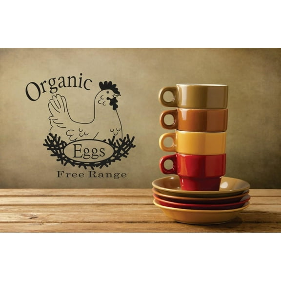 Vinyl Wall Decal Sticker : Organic Free Range Eggs Chicken Image Quote Bedroom Bathroom Living Room Picture Art Peel & Stick Mural Size: 12 Inches X 12 Inches - 22 Colors Available