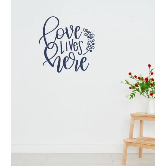 Vinyl Wall Decals Love Lives Here with Leaf Art Letters Sticker Quotes 18x18-Inch Deep Blue