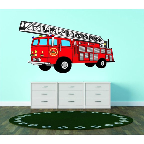 Vinyl Wall Quote Decals for Home - Red Firetruck Firefighting Stylish Wall Sticker for Easy Home Decoration - Size: 11 In x 21 In