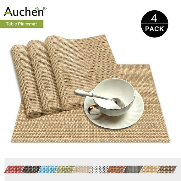 Vinyl Woven Placemats for Dining Table, Table Mats Set of 4, Rectangle 12"×18" Modern Non-Slip Insulation Placemat Washable Table Mats, Heat-Resistant Woven Placemats for Kitchen Restaurant - Gold