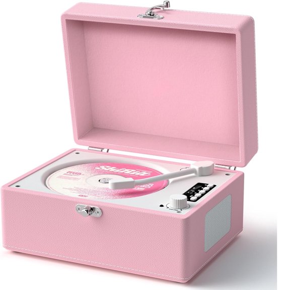 VinylsLink CD Player Portable Bluetooth, Pink Retro CD Player Leather for Home Music Player, Rechargeable Battery & Built-in Speakers, USB & AUX Playback No Remote Control(Light Pink)
