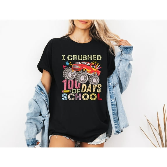 Vinyta I Crushed 100 Days of School Unisex T-Shirt/Sweatshirt/Hoodie - Monster Truck Milestone Gift for Kids