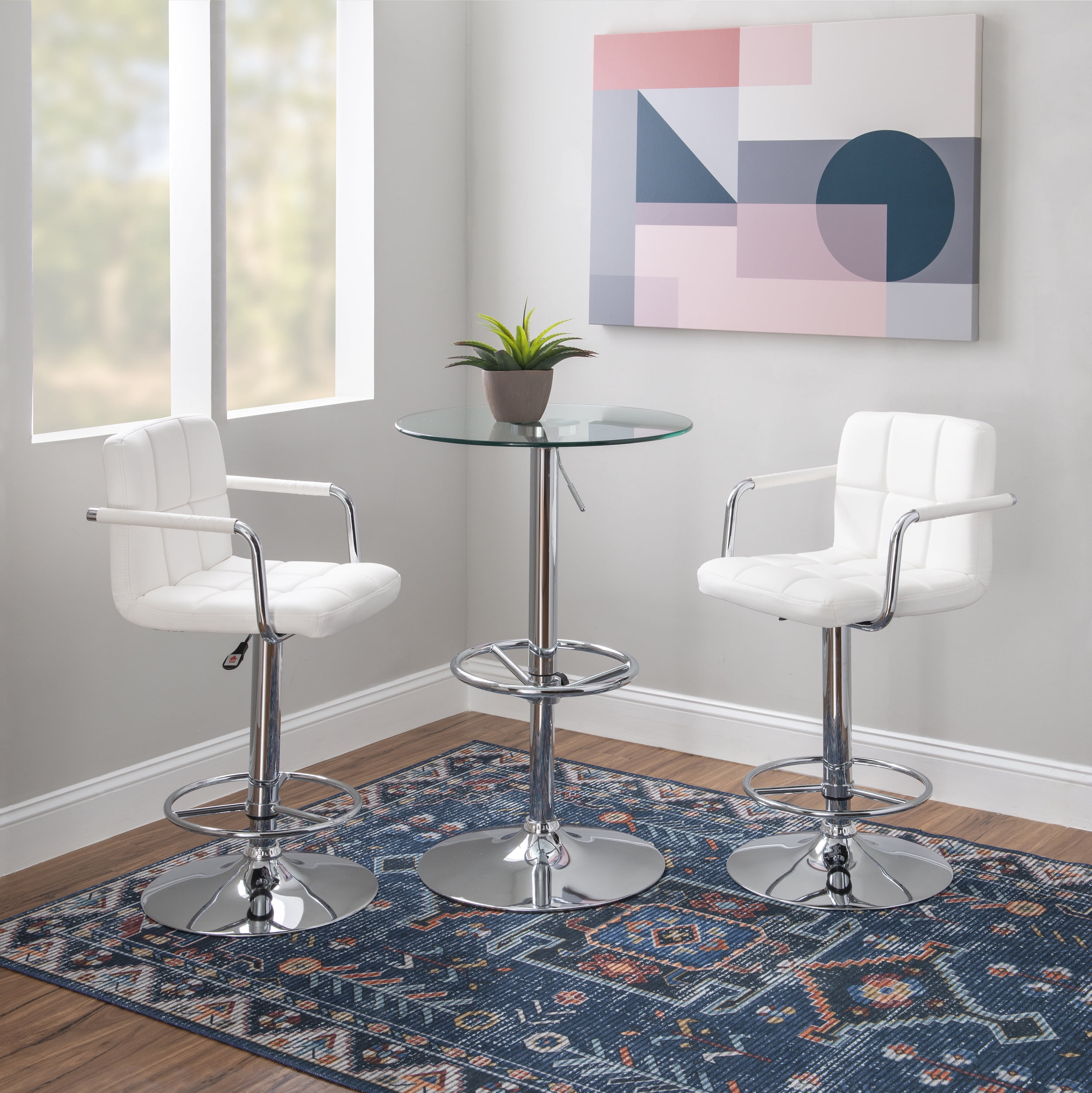 Viola 3-Piece Metal and Glass Pub Table Set, White Faux Leather