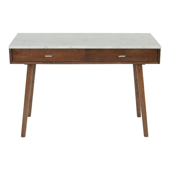 Viola 44" Rectangular Italian Carrara White Marble Writing Desk with Walnut Legs
