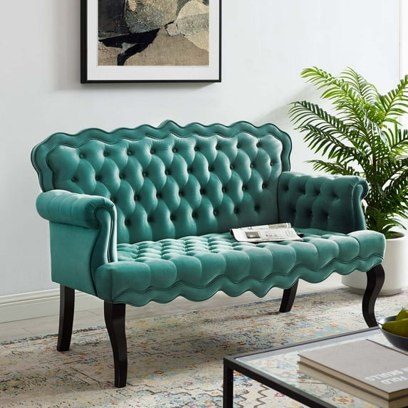 Modway Viola Chesterfield Button Tufted Loveseat Performance Velvet Settee in Teal