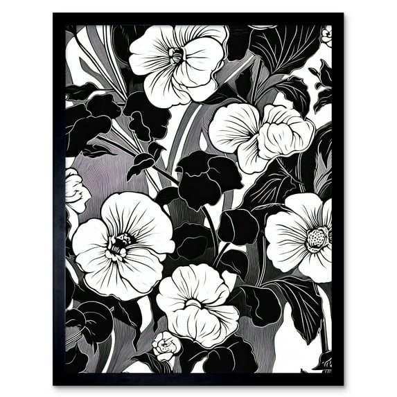Viola Flower Blooms Black and White Illustration Art Print Framed Poster Wall Decor 12x16 inch