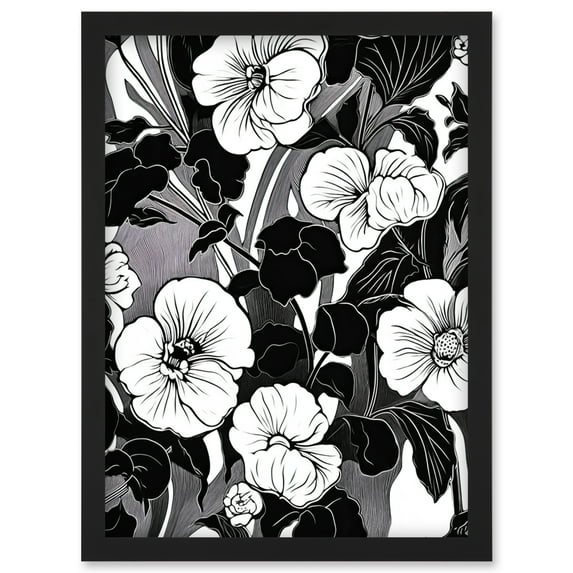 Viola Flower Blooms Black and White Illustration Artwork Framed Wall Art Print A4