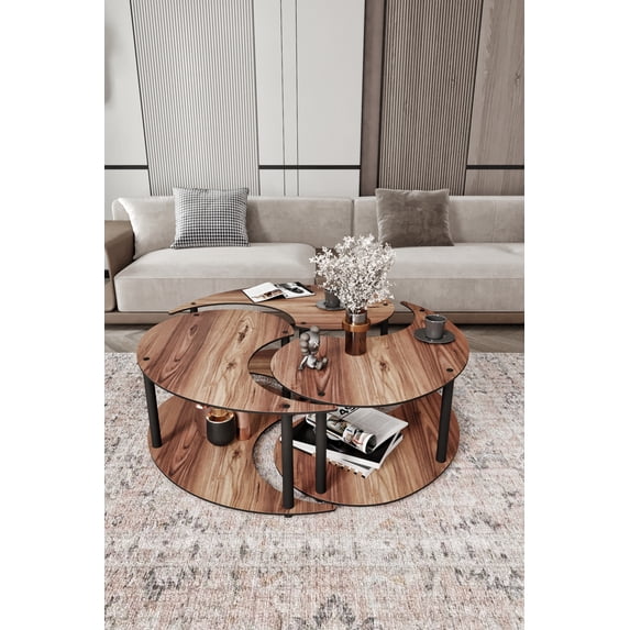 Violaura Yi̇n Yang Coffee Table 3 Set In Colonial Maple Color, Eco-Friendly, Durable L100cm x W100cm x H38cm