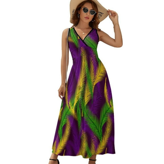 Violet And Green Festive Mardi Gras Carnival Palm Leaves Dress Fashion Boho Beach Long Dresses Female Party Printed Maxi Dress