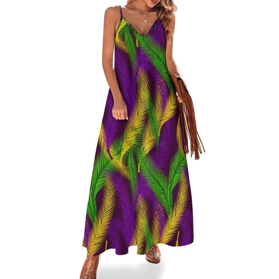 Violet And Green Festive Mardi Gras Carnival Palm Leaves Sleeveless Dress Women's Evening Dress Womans Clothing