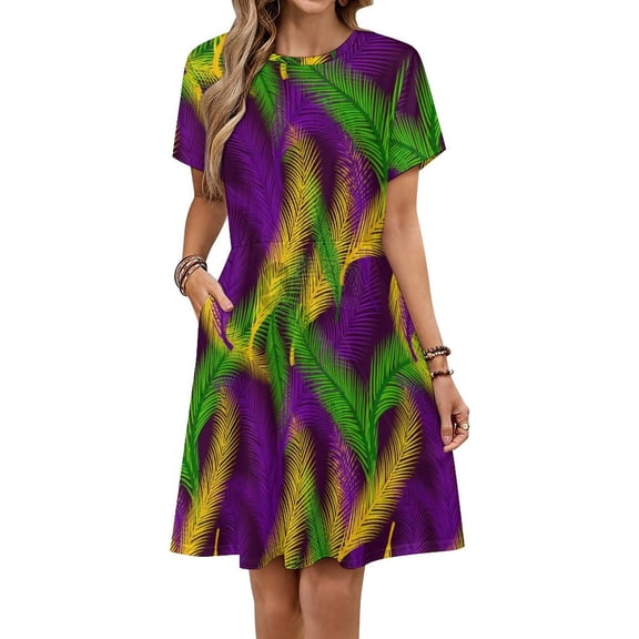 Violet And Green Festive Mardi Gras Carnival Palm Leaves Sundress Short Sleeve Dress Summer Women Clothes Dress for Women Dresses