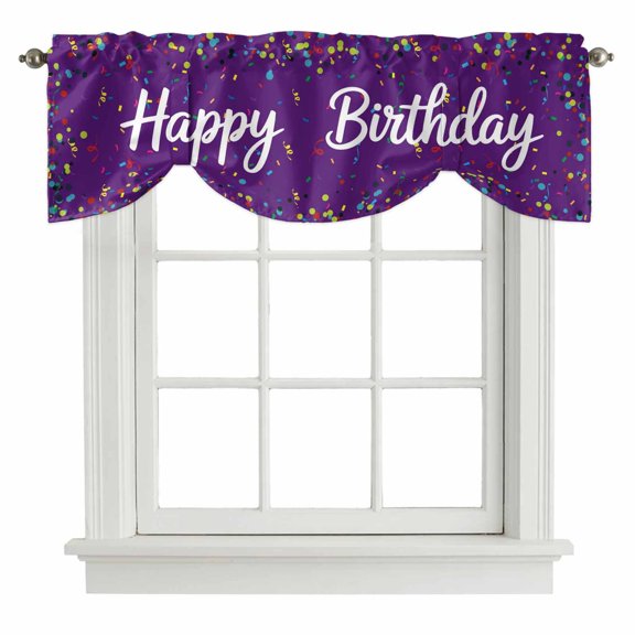 Violet Birthday Tie Up Valance Curtains for Windows, Kitchen Curtains Window Treatments, Colorful Confetti Ribbons Polka Dots Classroom Short Window Shades Valances for Bedroom Bathroom Cafe 54"x18"