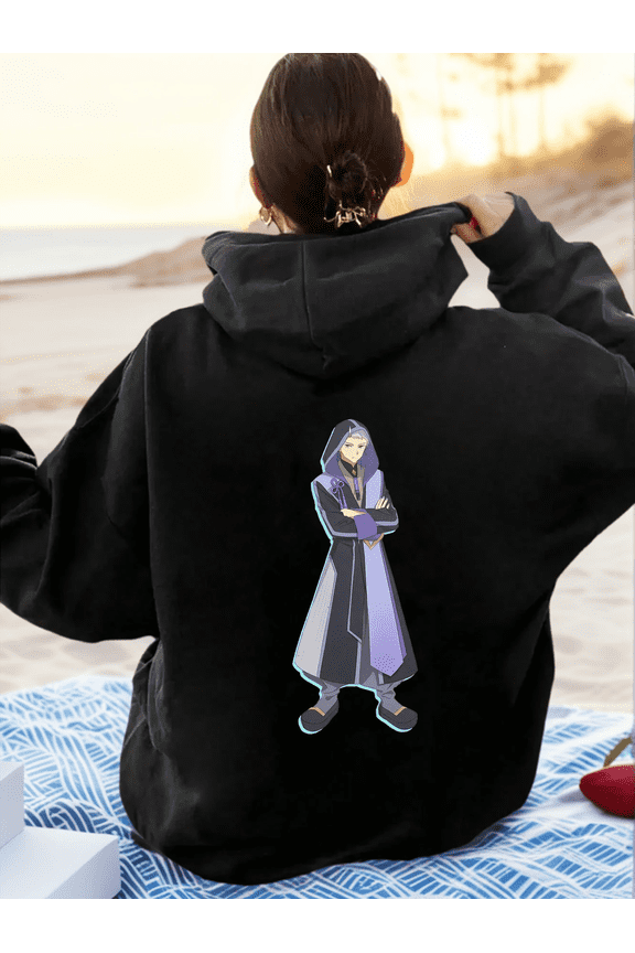 Violet & Charcoal Hooded Mystic Elegance Kaguya's Silver-Haired Neo-Wafu Anime Guy Graphic Back Print Black Hoodie
