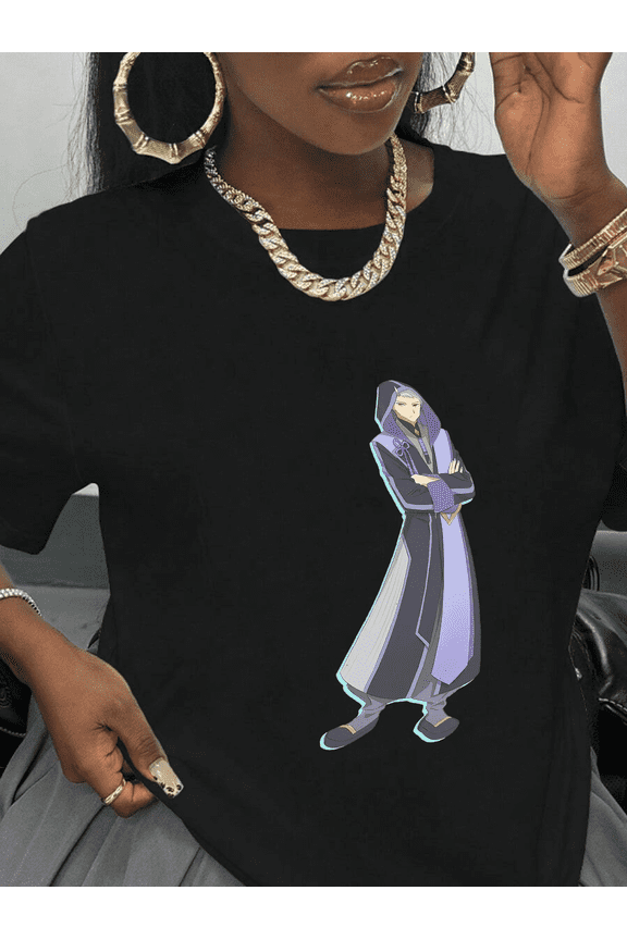 Violet & Charcoal Hooded Mystic Elegance Kaguya's Silver-Haired Neo-Wafu Anime Guy Graphic Front Print Black T-Shirt