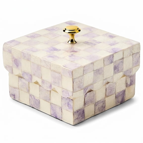 Violet Check Capiz Scalloped Decorative Box, 5" W x 5" L x 3.27" H