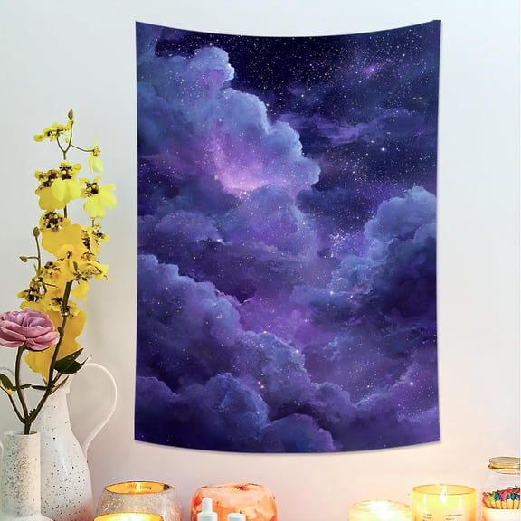 Violet Cloud Sky Tapestry, Starry Night Bohemian Wall Hanging, Dreamy Decor for Bedroom, Living Room, Festival Aesthetic 30x40 Inch