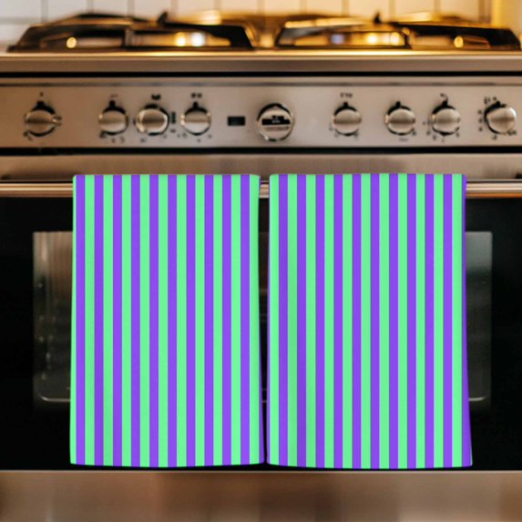 Violet Color Kitchen Towels Set of 1, Geometric Green Vertical Striped Modern Absorbent Dish Towels for Kitchen, Microfiber Hand Towel, Quick Drying Tea Towel for Cleaning Decorative Dishcloths