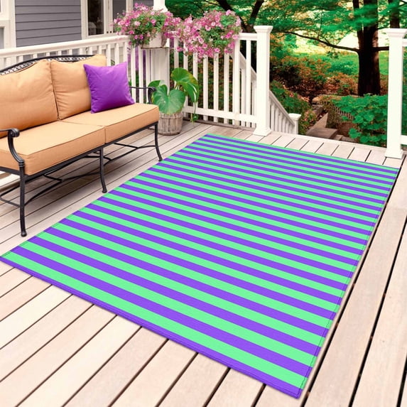 Violet Color Outdoor Rug for Patio/Deck/Porch, Non-Slip Large Area Rug 5 x 7 Ft, Geometric Green Vertical Striped Modern Indoor Outdoor Rugs Washable Area Rugs, Reversible Camping Rug Carpet Runner