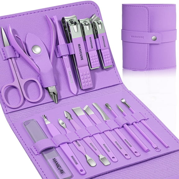 Violet Cutics Nail Clippers Set - 16-Piece Stainless Steel Manicure Pedicure Kit with Travel Case - Durable Sharp Tools for Fingernail & Toenail Care - Perfect Gift for Wife, Girlfriend, Cute Girl