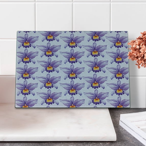 Violet Cutting Board, Tropical Orchid Flowers Watercolor Style Hawaiian Nature Inspirations, Decorative Tempered Glass Cutting and Serving Board, Small Size, Pale Mauve Violet Orange, by Ambesonne