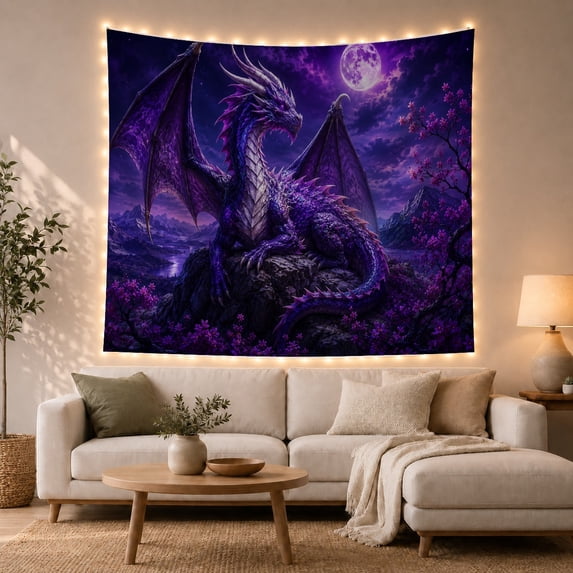 Violet Dragon Perched Above Moonlit Water, Dramatic Digital Art for Dragon Lovers, Blossom Night Decor, Housewarming Gift, Tapestry Wall Hanging for Bedroom and Studio