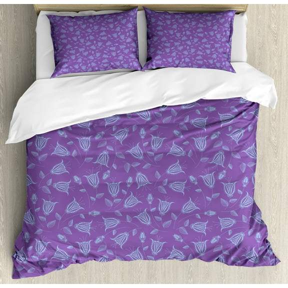 Violet Duvet Cover Set, Floral Spring Themed Tulip Like Abstract Repeating Flower Composition, Decorative 3 Piece Bedding Set with 2 Pillow Shams, Calking Size, Pale Purple Pale Sky Blue, by Ambesonne