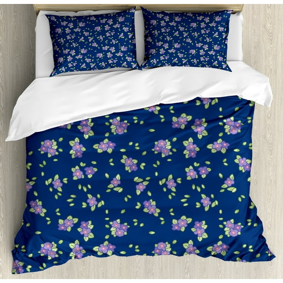Violet Duvet Cover Sets, Repetitive Multitude Pansy Viola Flowers Printing on Plain Backdrop, Bedding Set with 2 Duvet Covers & 4 Pillowcases, 2 Pack King Size, Dark Blue and Multicolor, by Ambesonne