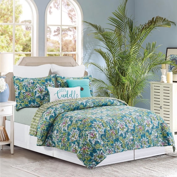 Violet Purple Blue & Green Flora 3-Piece Full/Queen Quilt Set
