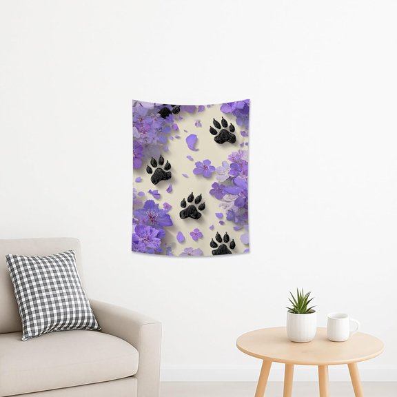 Violet Floral Fabric Tapestry, Black Paw Prints Wall Hanging, Aesthetic Bohemian Dcor for Spring and Animal Lovers Room, Cozy Living Room Tapestries 30x40 Inch