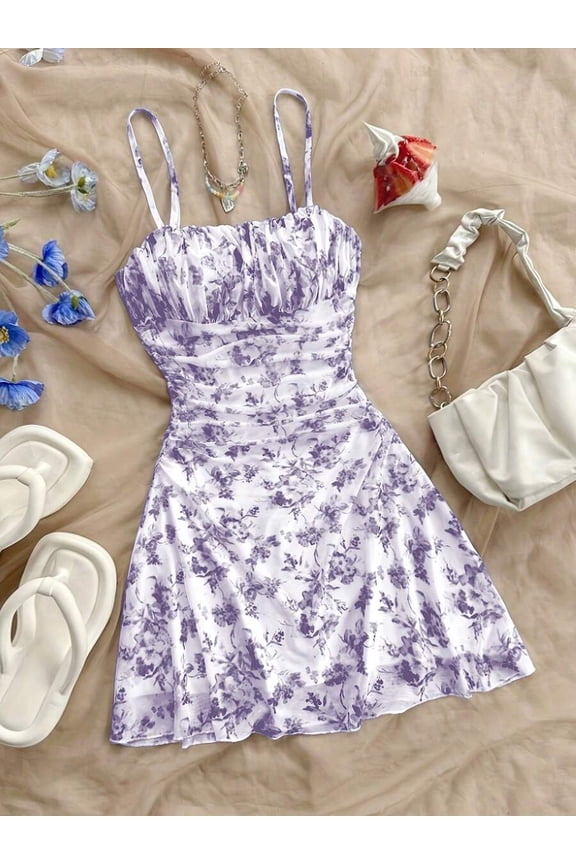 Violet Floral Print Ruched Spaghetti Strap Wrap Mini Dress - Elegant Summer Style For Women