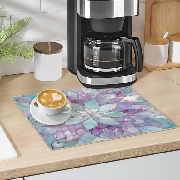 Violet Floral Stained Glass Dish Drying Mat 12"x18" Kitchen Counter Dish Pad Microfiber Absorbent Drainer Rack for Coffee Bar