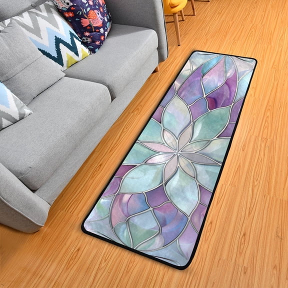 Violet Floral Stained Glass Hallway Runner Rug 2'X6' Non-Slip Washable Carpet Runner Kitchen Entryway Laundry Bedroom