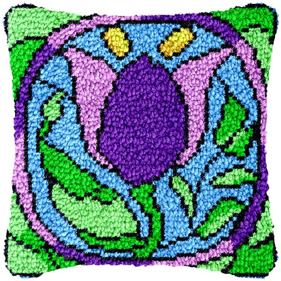 Violet Flower Latch Hook Kits Pillow Cover DIY Rug Making Crochet Hook Cushion Making Kits with Preprinted Pattern Canvas DIY Needlework Crochet Kits Sofa Decor 43x43cm