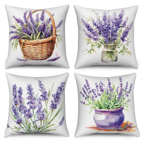 Violet Flower Linen Throw Pillow Covers Set of 4 18x18 Inch,Purple Cushion Cases for Home Decor Living Room Car