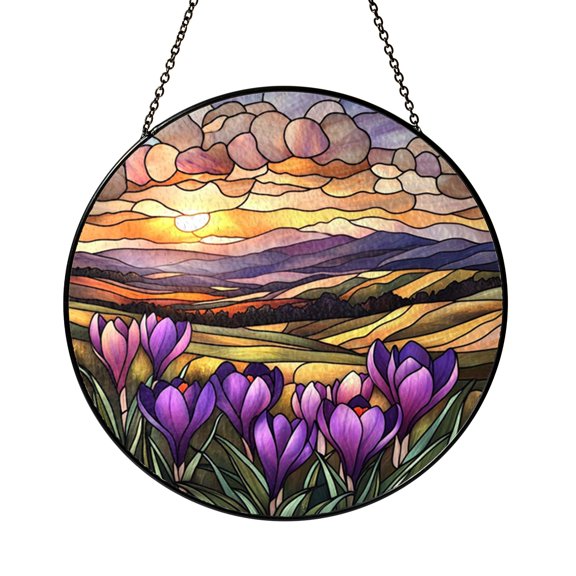 Violet Flower Sunset Stained Glass Window Suncatcher, Elegant Floral Field Decor, Radiant Light Catcher February Gift