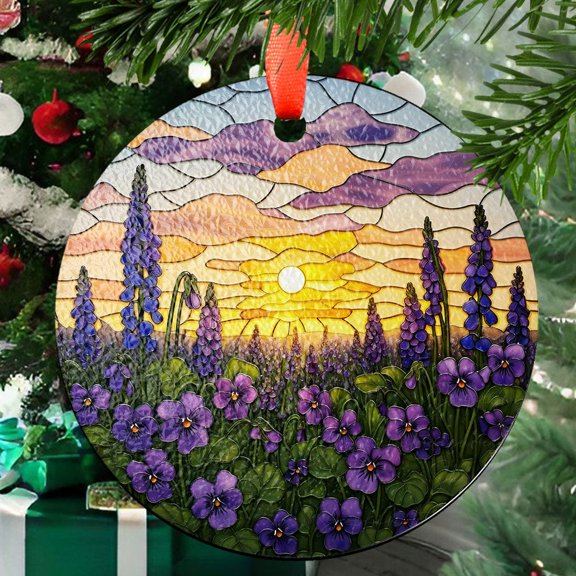 Violet Flower field sunset GLASS Suncatcher Hanging, Birth Month Flower glass, Window hanging, Suncatcher ornament, Mother's day gift 2025, Ornament 2025, Holiday 2025, Holiday