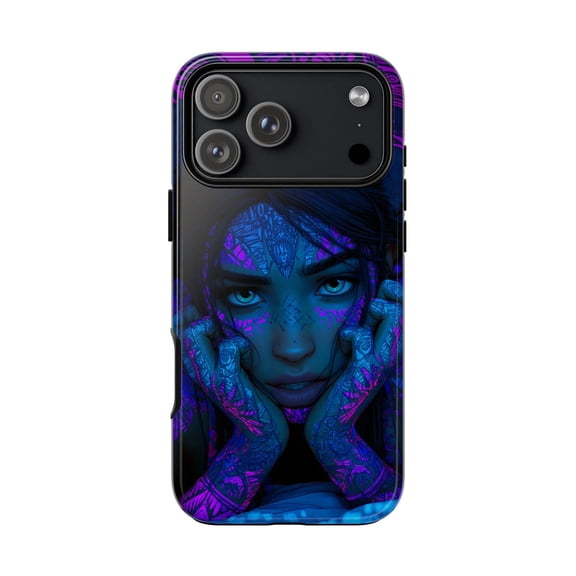 Violet Girl Neon Tribal Tattoo Bold Artistic Portrait Phone Case 17 16 15 14 13 12 11 Pro Max