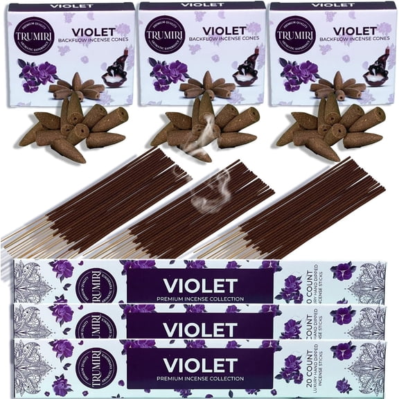 Violet Incense Sticks & Backflow Incense Cones for Waterfall Combo Pack - 60 Insence-Sticks + 30 Backflow Cones - Insents - Incense Waterfall Cones - Inscense
