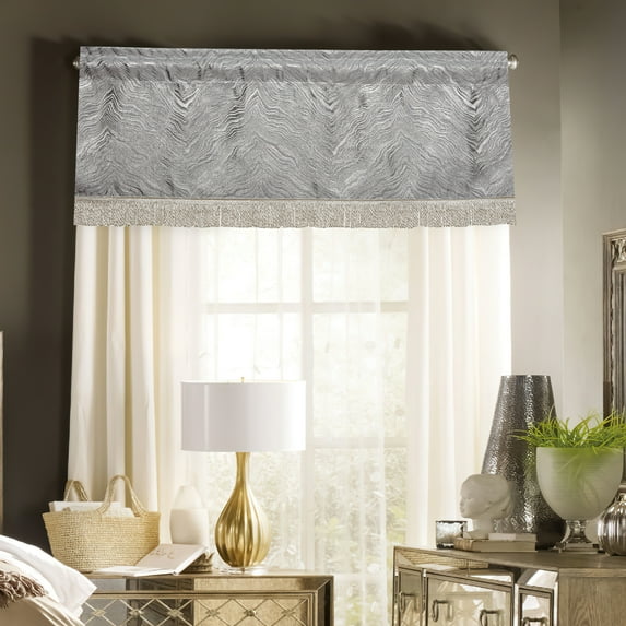Violet Linen Boutique Zebra Patern, Polyester Jacquard, with Fringes, Silver, 60 Inch x 18 Inch, Decorative Window Treatment Rod Pocket Curtain Straight Valance