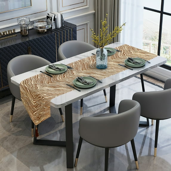 Violet Linen Boutique Zebra Patern, Polyester Jacquard, with Tassles, Gold, 13 Inch x 70 Inch, Decorative Table Runner