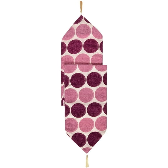 Violet Linen Chenille Circle Spots Pattern, Polyester Chenille Jacquard , with Tassels, Violet, 13 Inch x 70 Inch, Decorative Table Runner