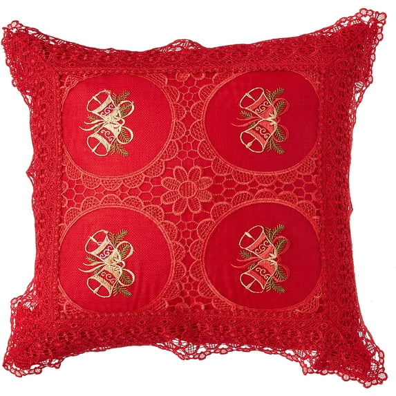 Violet Linen Christmas Braided Holly Lace Pattern, Polyester Burlap Fabric, Lace Border, Embroidered, , Four Jingle Bells, 18 Inch x 18 Inch, Decorative Throw Pillow Cover
