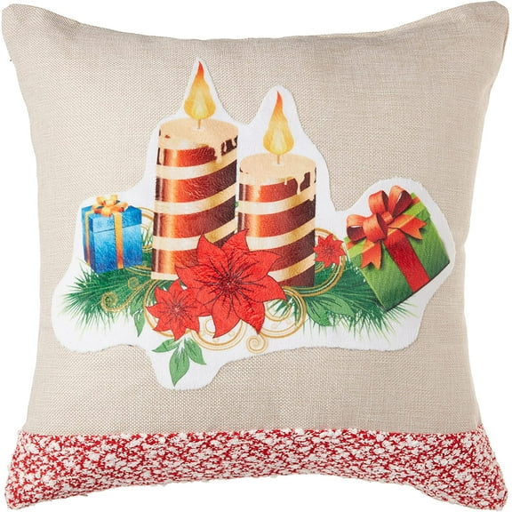 Violet Linen Christmas Ornaments Modern Pattern, Polyester Burlap Fabric, Applique Print Felt Design, Candles, 18 Inch x 18 Inch, Decorative Throw Pillow